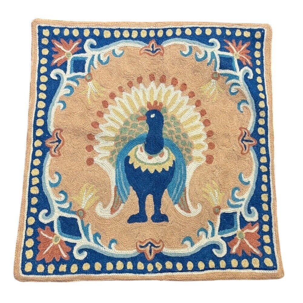 Pillow Cover Hand Embroidered Crewel Wool‎ Blue Pink Cream Peacock Design 16x16